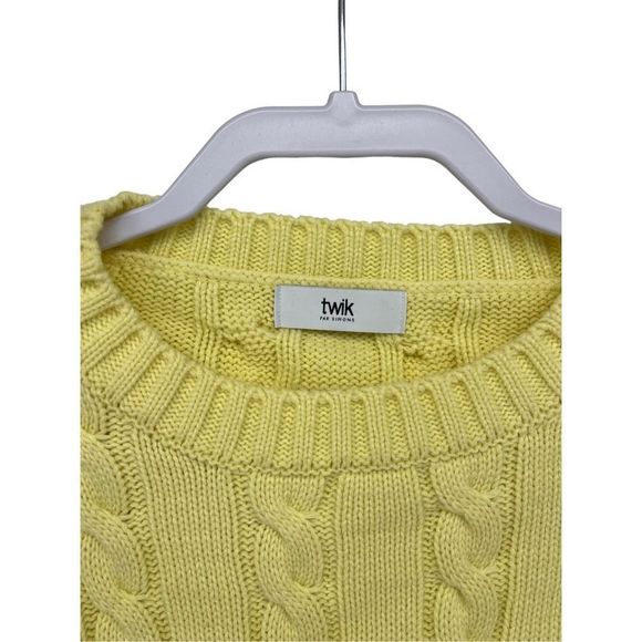 Twik Cropped Knit Sweater Cableknit O/S Pastel Yellow Crewneck Pullover Academia - Picture 3 of 8